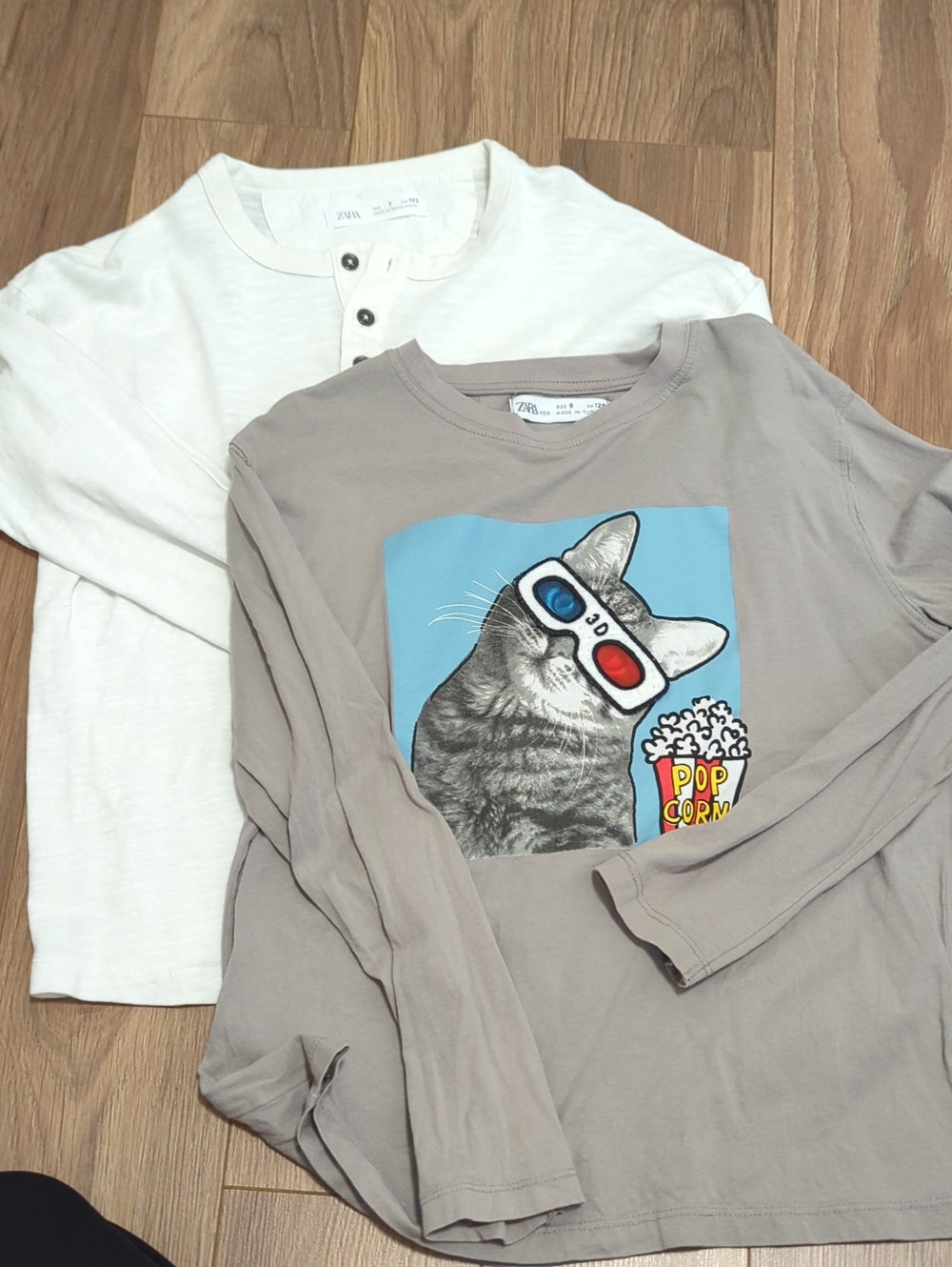 Zara Taupe Cat Graphic Long Sleeve Tee with Cream Henley